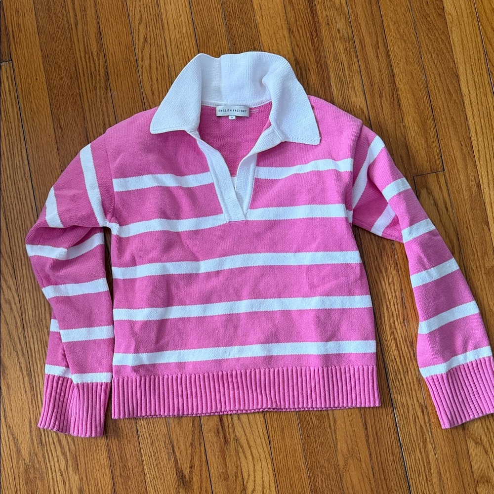 English Factory Pink and White V-Neck Sweater